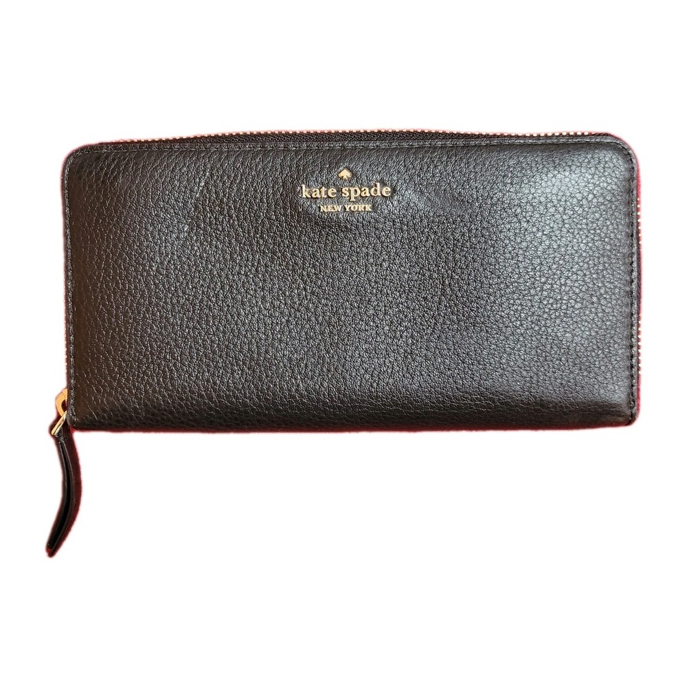 Kate Spade New York Bifold Black Leather Zip‎ Around Wallet Pebbled Classic
